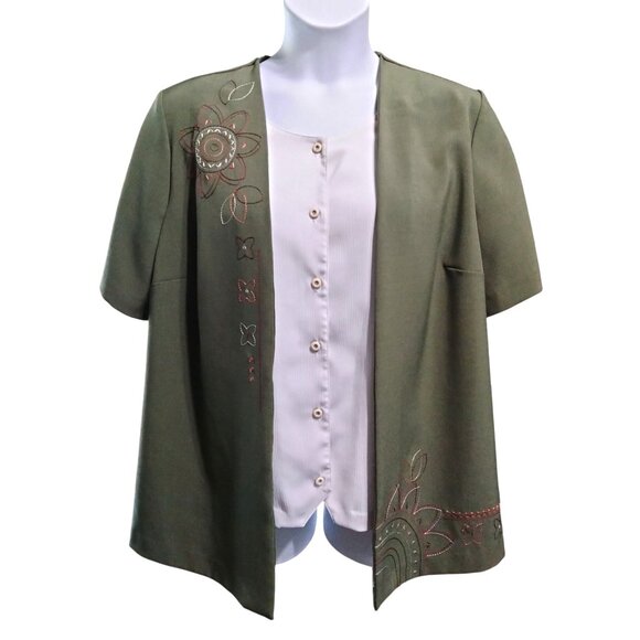 Allison Daley Ii Olive Green Embroidered Jacket Attached Button Top 18W - Picture 2 of 9
